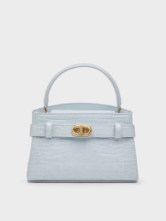 CHARLES & KEITH Aubrielle Croc-Effect Belted Top Handle Bag - Sea Salt Blue