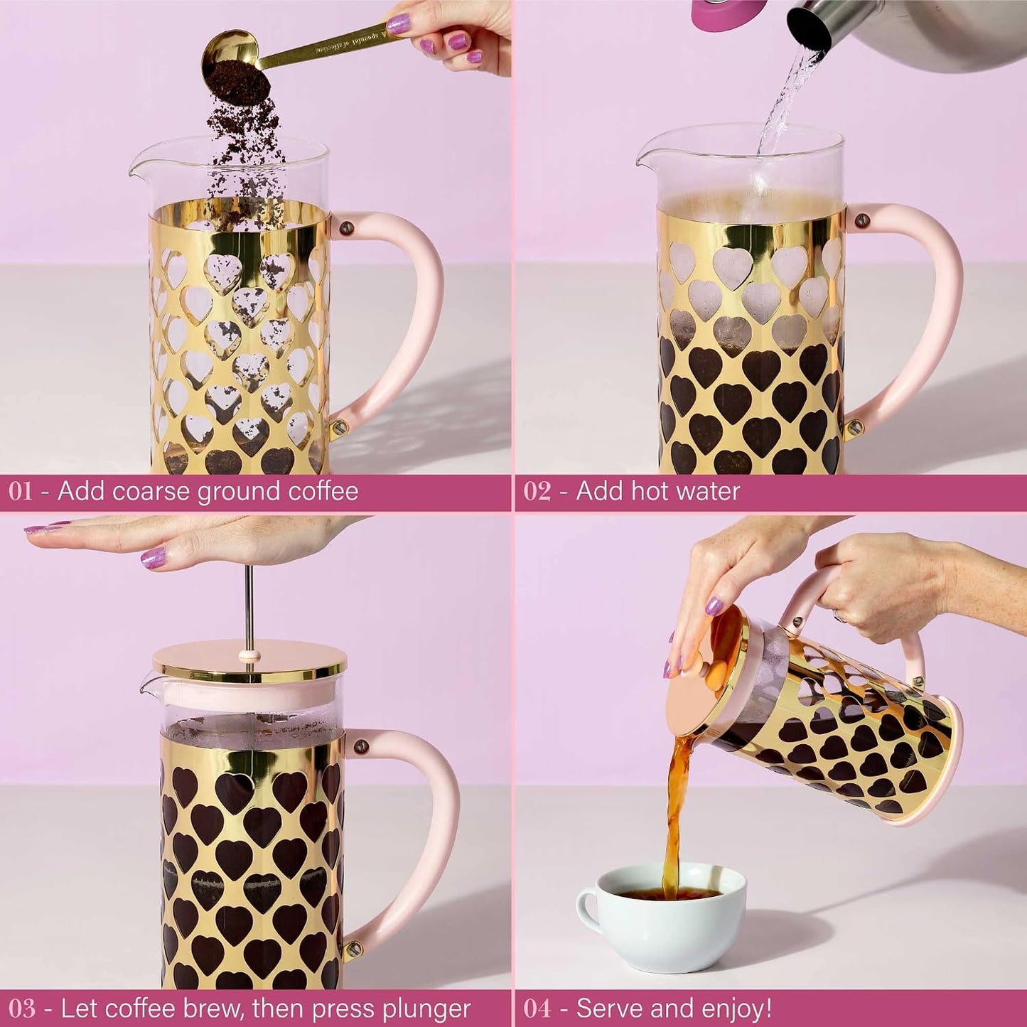 French Press Coffee Maker With Heart Shaped Measuring Scoop